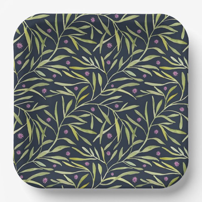 Plato De Papel Serenas enredaderas verdes frondosas con flores ro (Anverso)