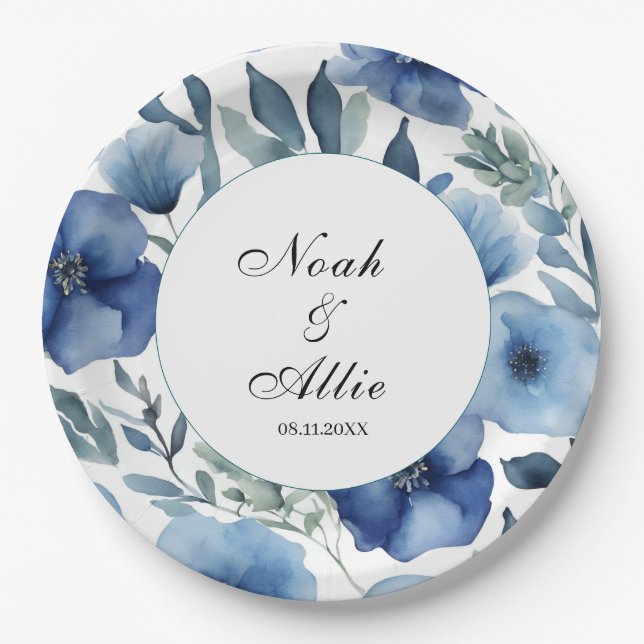 Plato De Papel Serene Blue Floral Boda (Anverso)