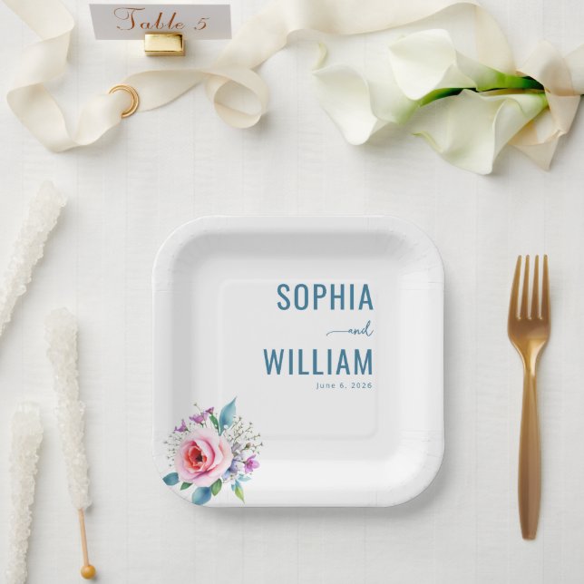 Plato De Papel Serene Blue Floral Elegancy (Boda)