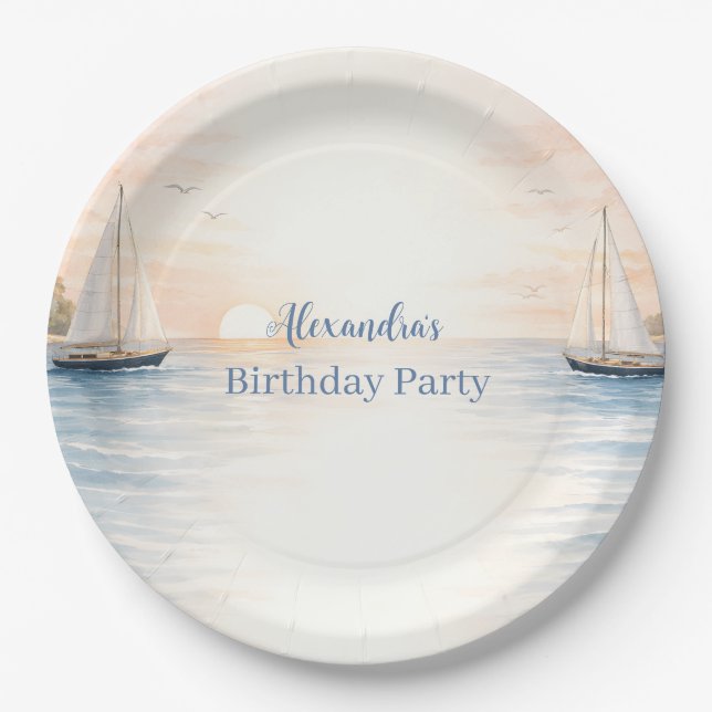 Plato De Papel Serene Coastal Sail Birthday (Anverso)