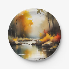 Plato De Papel Serene vibrante pintura del paisaje del río Otoño