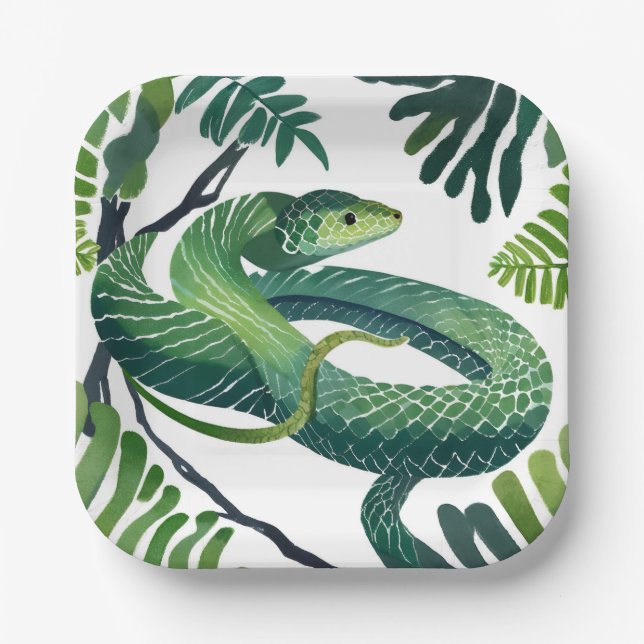 Plato De Papel Serpiente Verde | Año de la Serpiente Acuarela (Anverso)