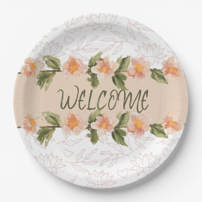 Plato De Papel Servilletas de bienvenida con flores de acuarela r (Anverso)
