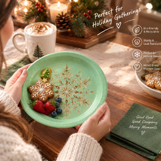 Plato De Papel Servilletas de Navidad Verde Salvia con Copo de Ni
