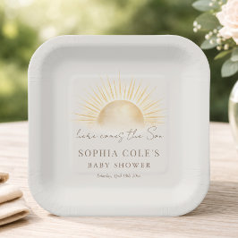 Plato De Papel Servilletas de papel beige para baby shower Here C