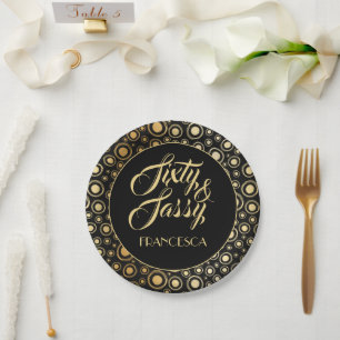 Plato De Papel Sesenta Y Elegante Fiesta Del Oro Negro 60