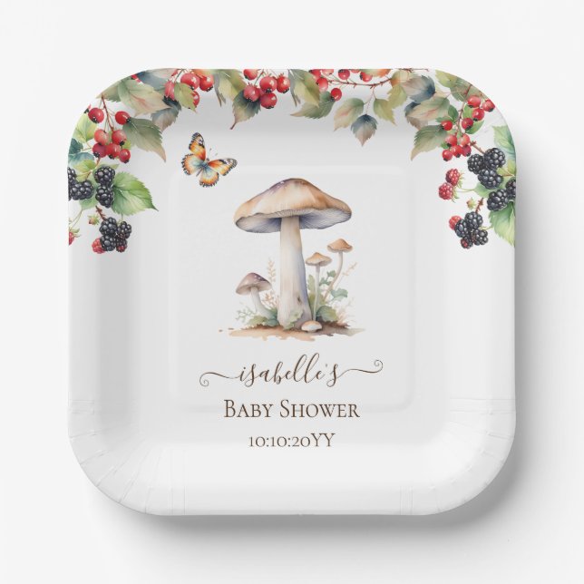 Plato De Papel Seta del bosque y ducha de bebé otoñal de hongos  (Anverso)