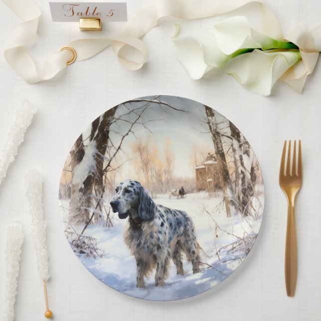 Plato De Papel Setter Inglés Deja que nieve Navidad (Boda)