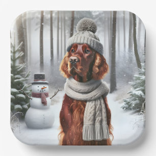 Plato De Papel Setter Irlandés de Navidad con muñeco de nieve