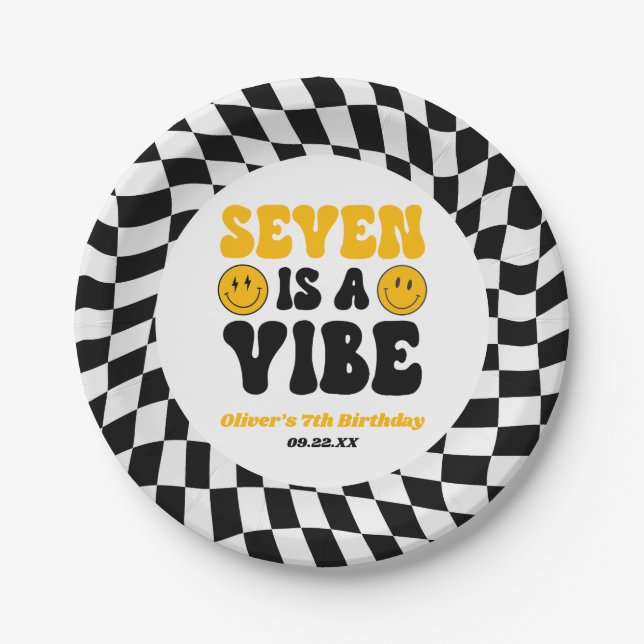 Plato De Papel Seven Is A Vibe Retro Seventh 7th Birthday Party (Anverso)