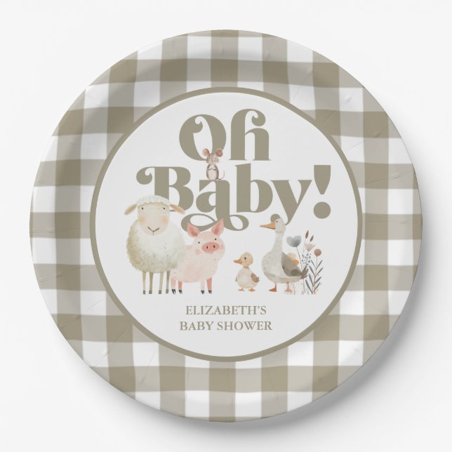 Plato De Papel Sexo corto Neutral Baby Farm Animales Baby Shower (Anverso)