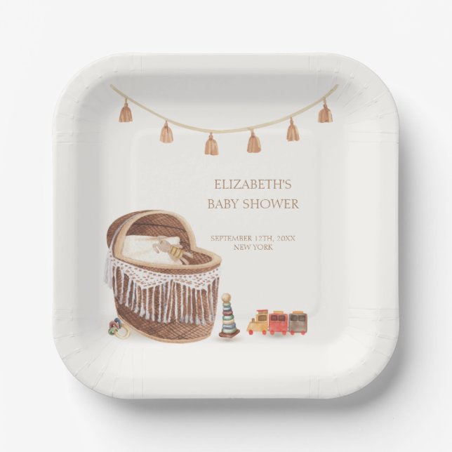 Plato De Papel Sexo Neutral Cute Boho Bassinet Baby Shower (Anverso)
