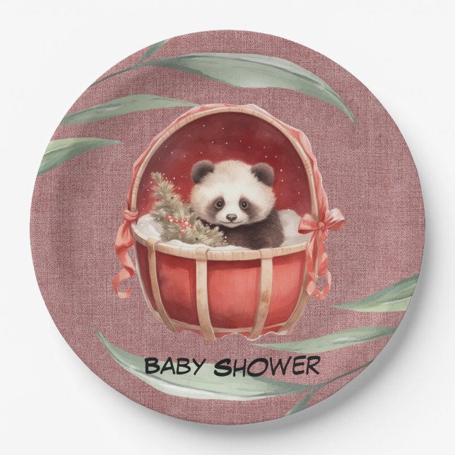Plato De Papel Sexo Neutral Panda Bear Red Baby Shower (Anverso)