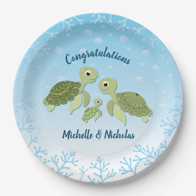Plato De Papel Sexo neutro en Baby Shower de la tortuga marina (Anverso)