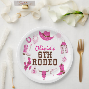 Plato De Papel Sexto cumpleaños de Rodeo Rosa Occidental Cowboy