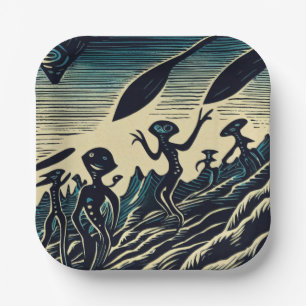 Plato De Papel SF - Extranjeros En Un Extraño Planeta Woodcut 3