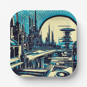 Plato De Papel SF Futurista City Woodcut 3
