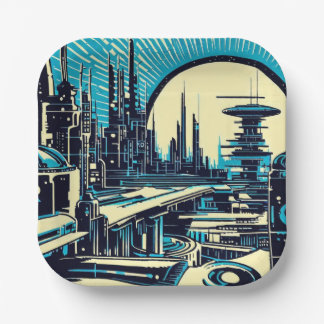 Plato De Papel SF Futurista City Woodcut 3