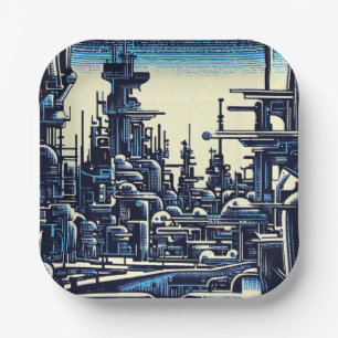 Plato De Papel SF Futurista City Woodcut 4