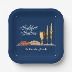 Plato De Papel Shabbat Shalom Personalizado Blue Sabbath Dinner