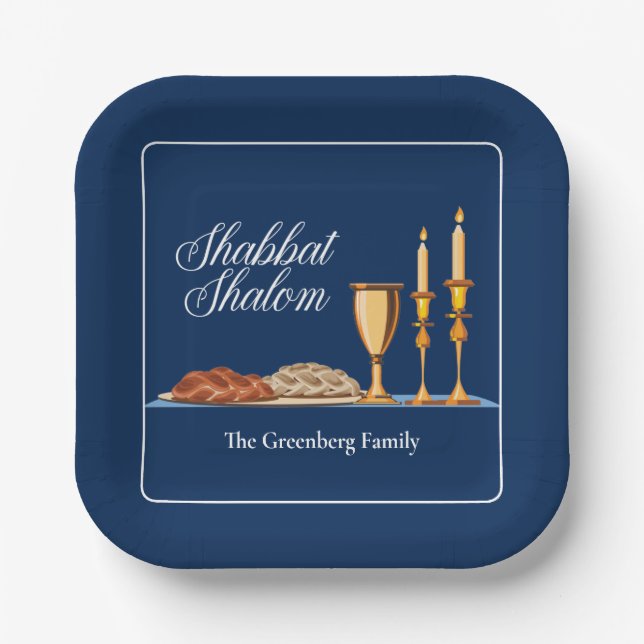 Plato De Papel Shabbat Shalom Personalizado Blue Sabbath Dinner (Anverso)