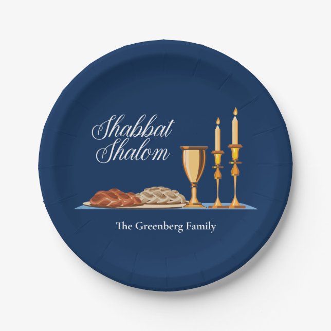 Plato De Papel Shabbat Shalom Personalizado Blue Sabbath Dinner (Anverso)