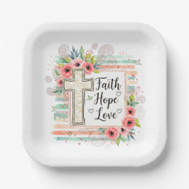 Plato De Papel Shabby Chic floral Faith Hope Love