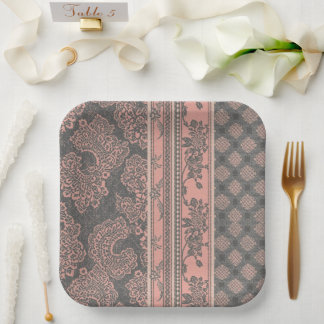 Plato De Papel Shabby Chic Rosa Polvorienta Gris Damask Boda