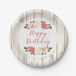 Plato De Papel Shabby Chic Rosas Rustic Wood Feliz cumpleaños