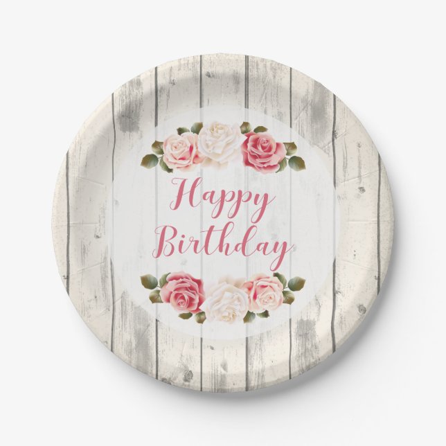 Plato De Papel Shabby Chic Rosas Rustic Wood Feliz cumpleaños (Anverso)