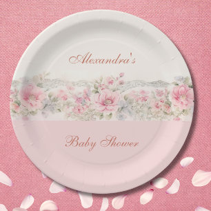 Plato De Papel Shabby Chic Rubor Pink Floral Baby Shower