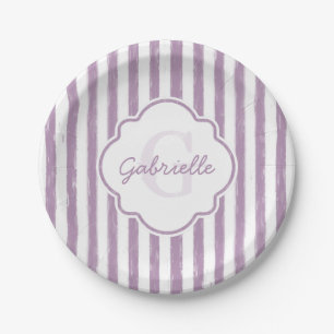 Plato De Papel Shabby Purple Pintado Stripes Monograma y nombre