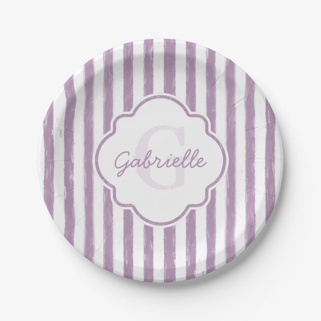 Plato De Papel Shabby Purple Pintado Stripes Monograma y nombre (Anverso)