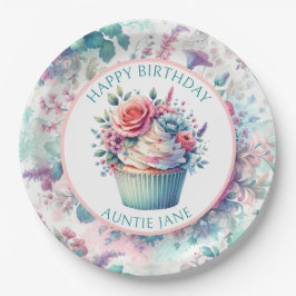Plato De Papel Shabby rosa y Verde azulado Fiesta de flores chic