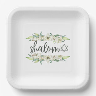 Plato De Papel Shalom (con Lilies y Estrella de David)