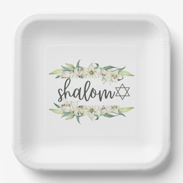 Plato De Papel Shalom (con Lilies y Estrella de David) (Anverso)