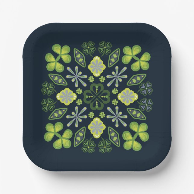 Plato De Papel Shamrock Clover Floral Mandala Azul (Anverso)
