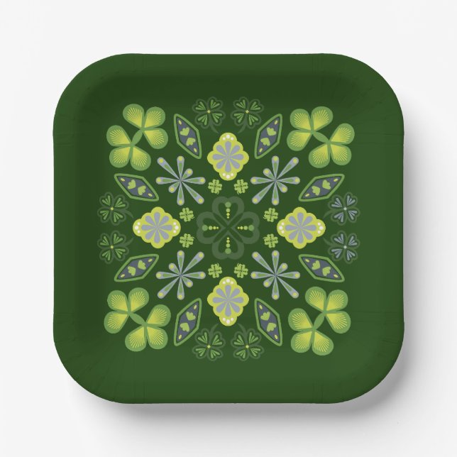 Plato De Papel Shamrock Clover Floral Mandala Green (Anverso)