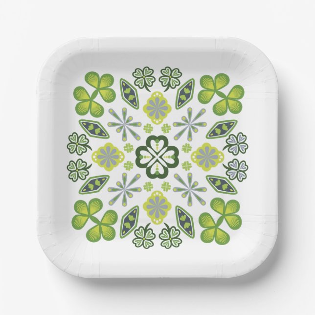 Plato De Papel Shamrock Clover Floral Mandala White (Anverso)