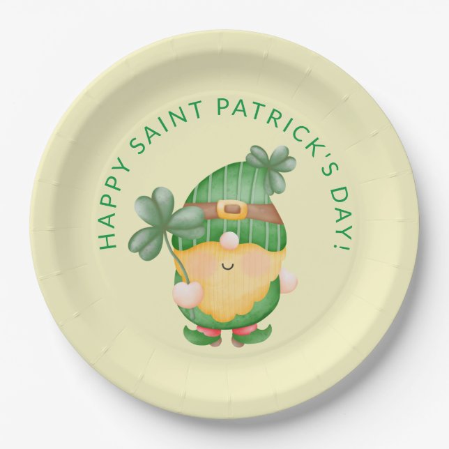 Plato De Papel Shamrock Gnome Feliz Día de San Patricio (Anverso)