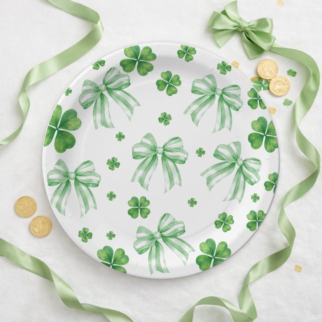 Plato De Papel Shamrock Green Bow St. Patricks Day  (Shamrock Green Bow St. Patricks Day Paper Plates)