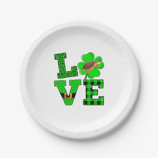 Plato De Papel Shamrock Green Plaid Love Sea Turtle St Patrick'S (Anverso)