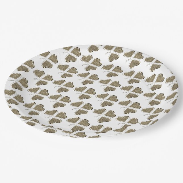 Plato De Papel Shamrock Pattern Irlanda Clover Irlanda Gold Elega (Angular)