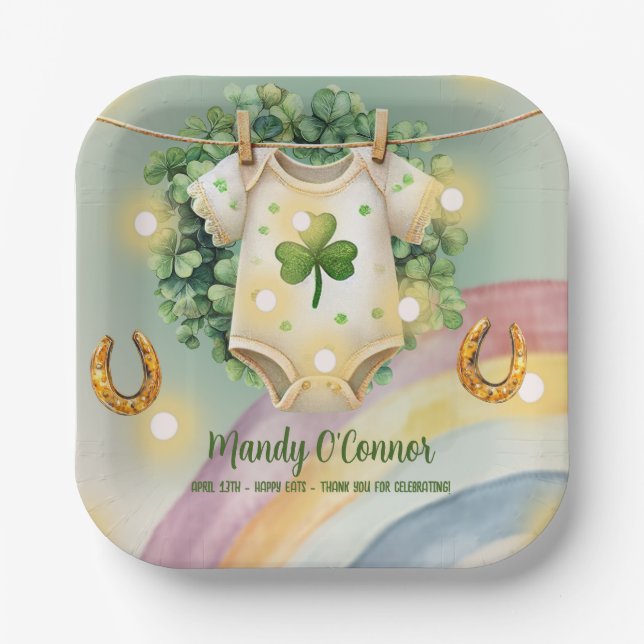 Plato De Papel Shamrock y Baby Shower arcoiris con encanto (Anverso)