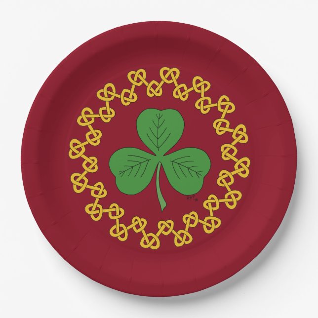 Plato De Papel Shamrock y Knotwork en rojo (Anverso)