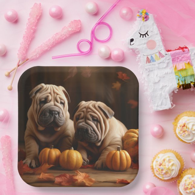 Plato De Papel Shar Pei Puppy Calabaza deslumbrante de otoño (Fiesta)