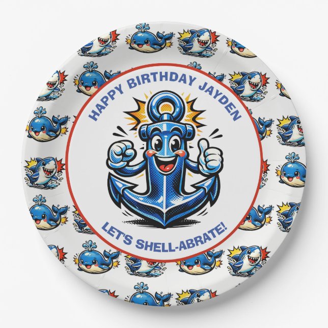 Plato De Papel Sharks and Whales Boy's Birthday Party (Anverso)