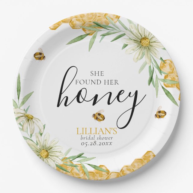 Plato De Papel She Found Her Honey Daisy Floral Bee Bridal Shower (Anverso)