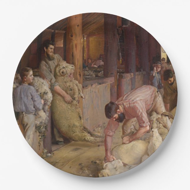 Plato De Papel Shearing the Rams (Arte Australiano) (Tom Roberts) (Anverso)