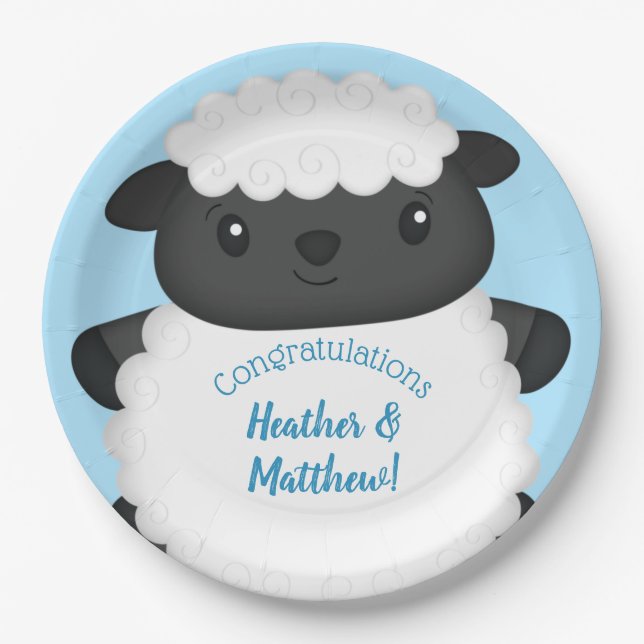 Plato De Papel Sheep Baby Shower Farm Blue Boy (Anverso)